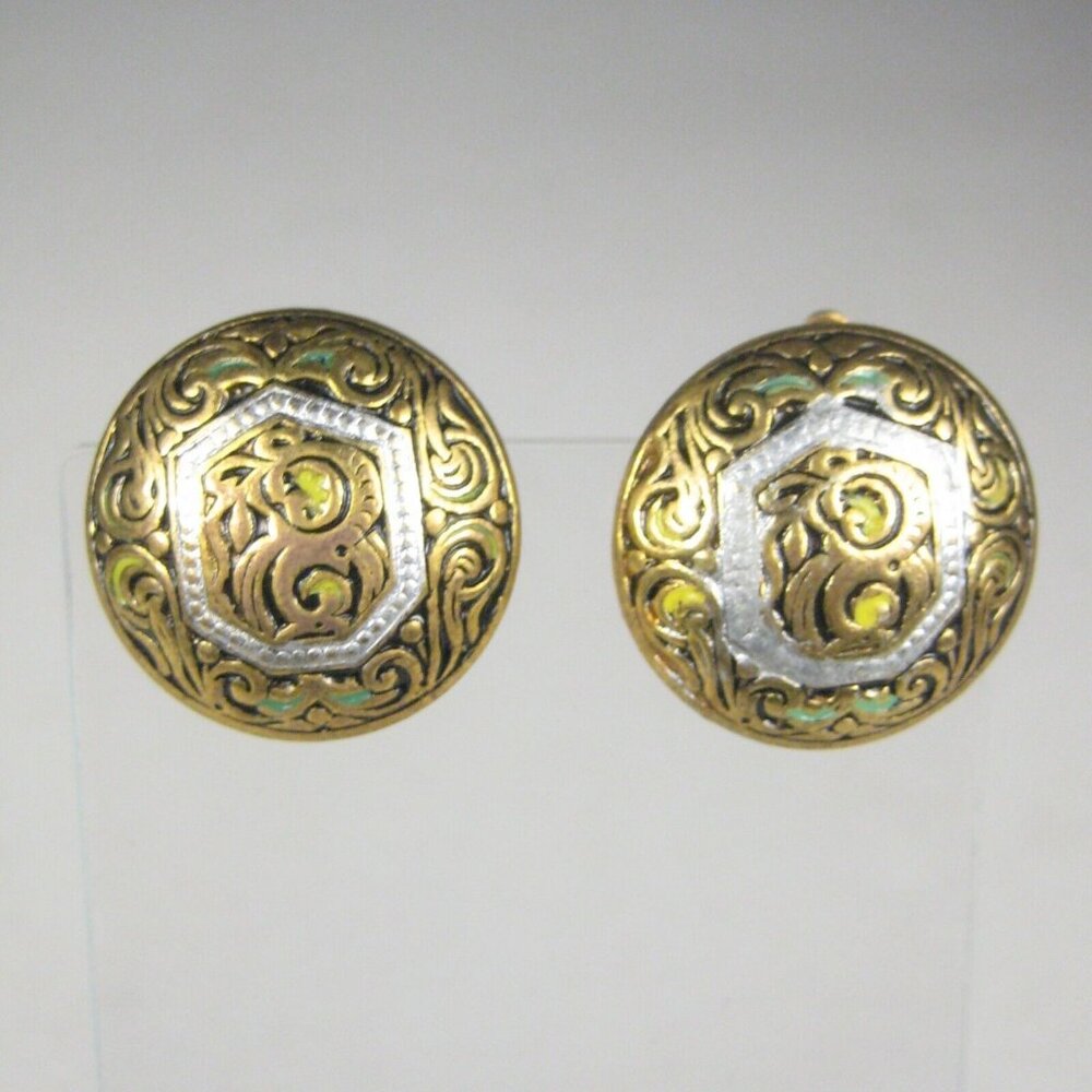 FAUX Damascene Earrings CLIP ON Goldtone Vintage 1950s Spain Jewelry Estate